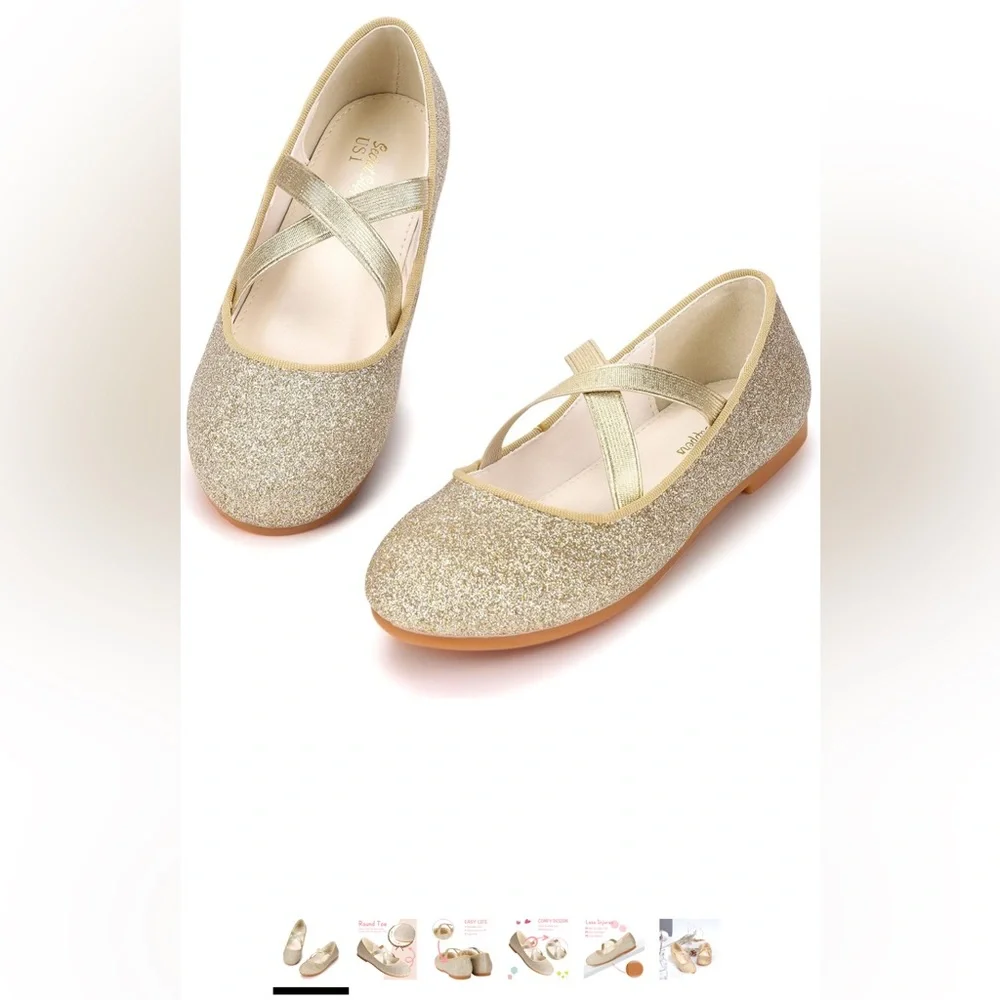 Girls' Gold Glitter Dress Flats with Cross-Strap